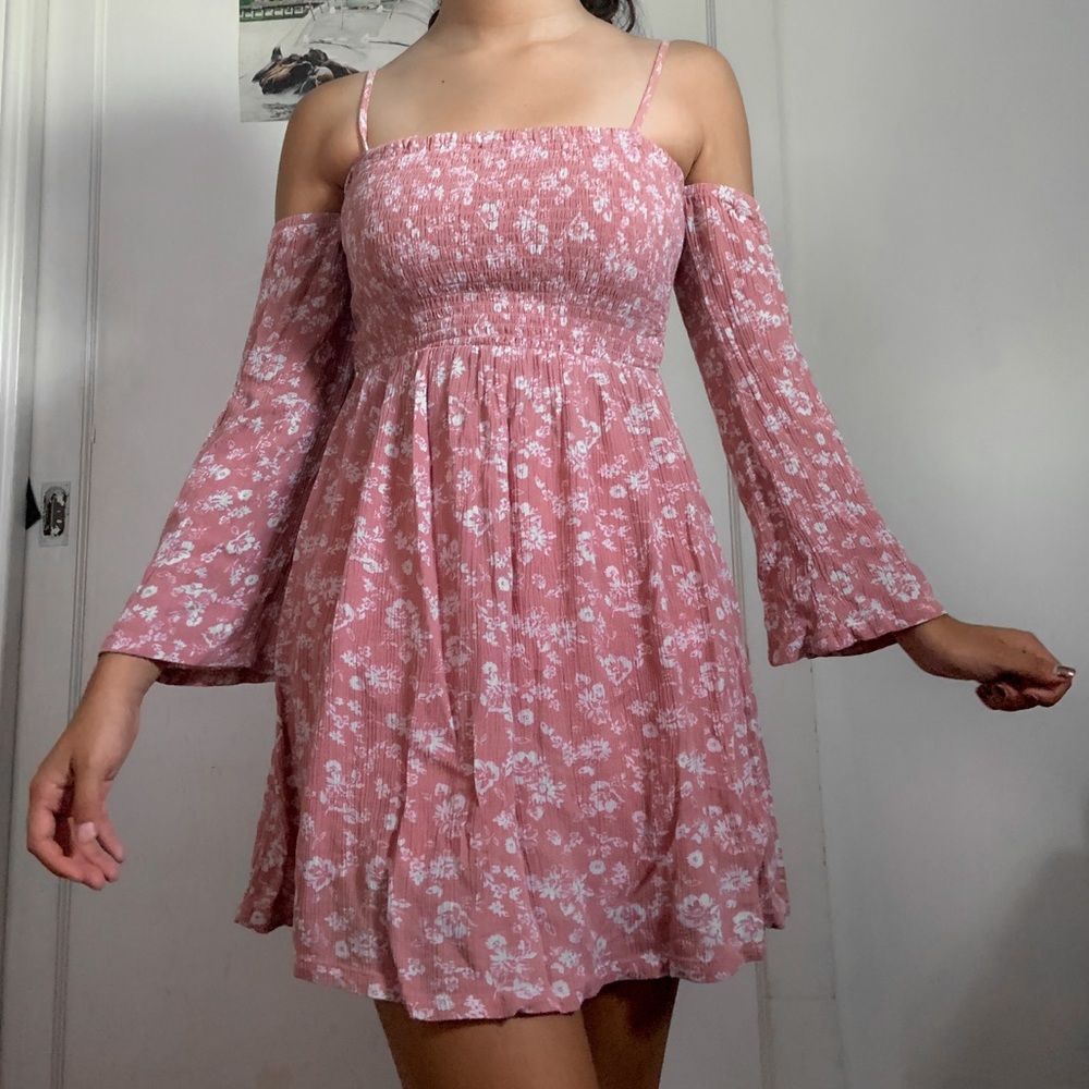 Pink Floral Flowy Dress With attached Sleeves